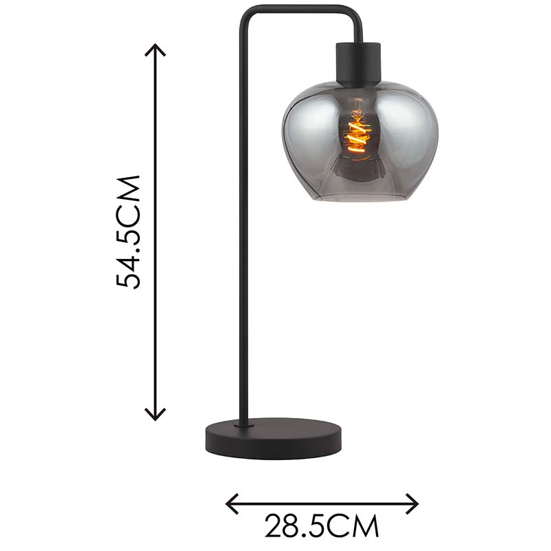 Elegante handgefertigte Tischlampe aus mundgeblasenem Glas in Rauchfarbe mit mattschwarzem Stahlfuß