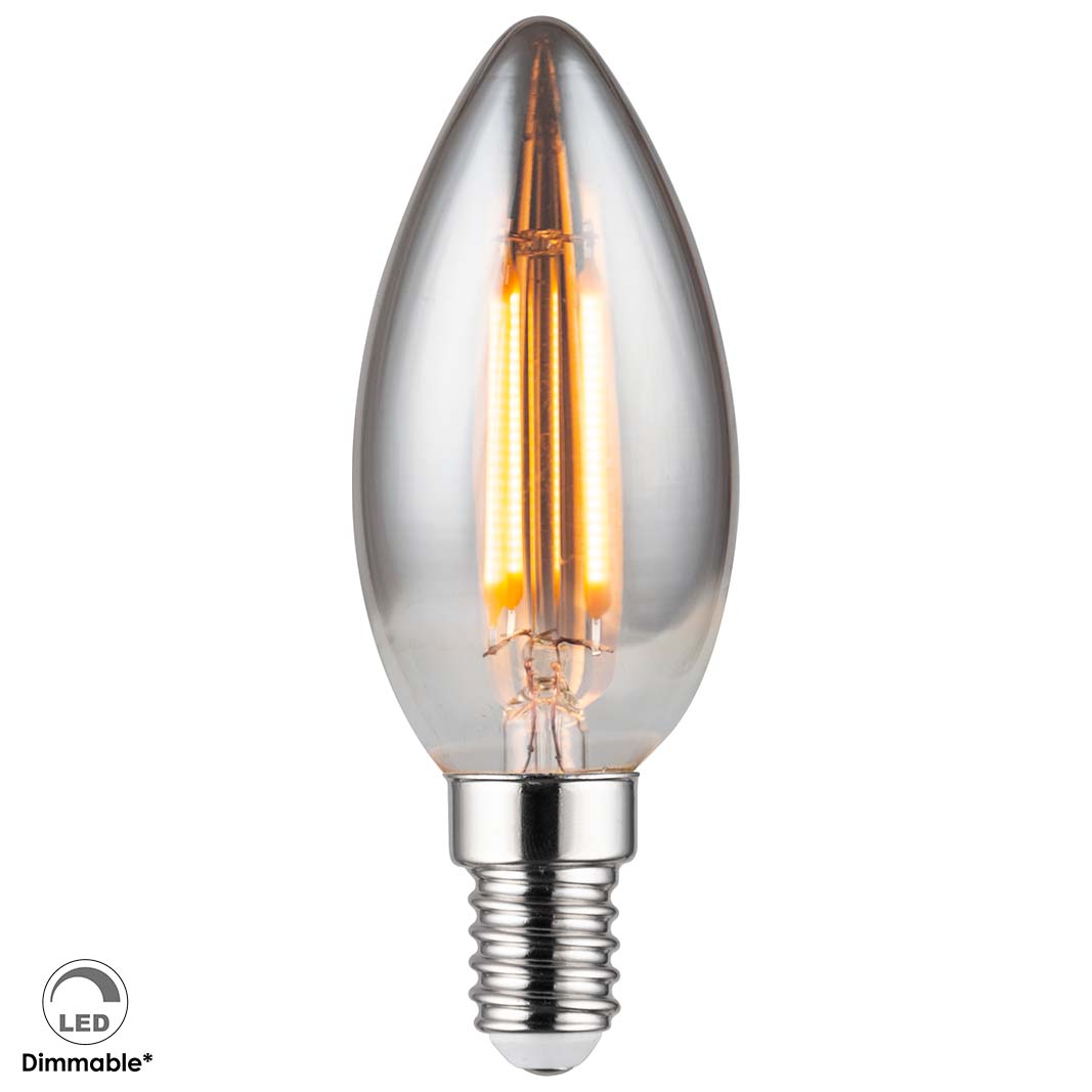 Rauchfarbene 230-V-LED-C35-Kerzenlampe mit E14-Sockel, 4 W Leistung und Dimmfunktion