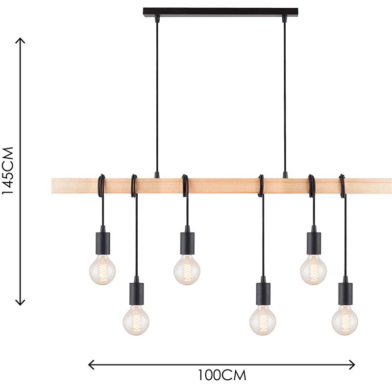 Mordern Eleganter industrieller Holz Design Kronleuchter dekorativ verstellbar Naturholz Pendelleuchte 6lys E27