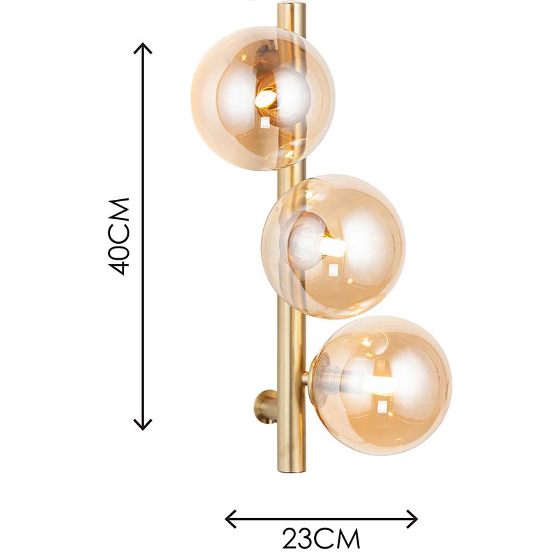 3-flammige Wandleuchte im Kugelstil mit schlichtem Bernsteinglas-Design und G9-Fassung